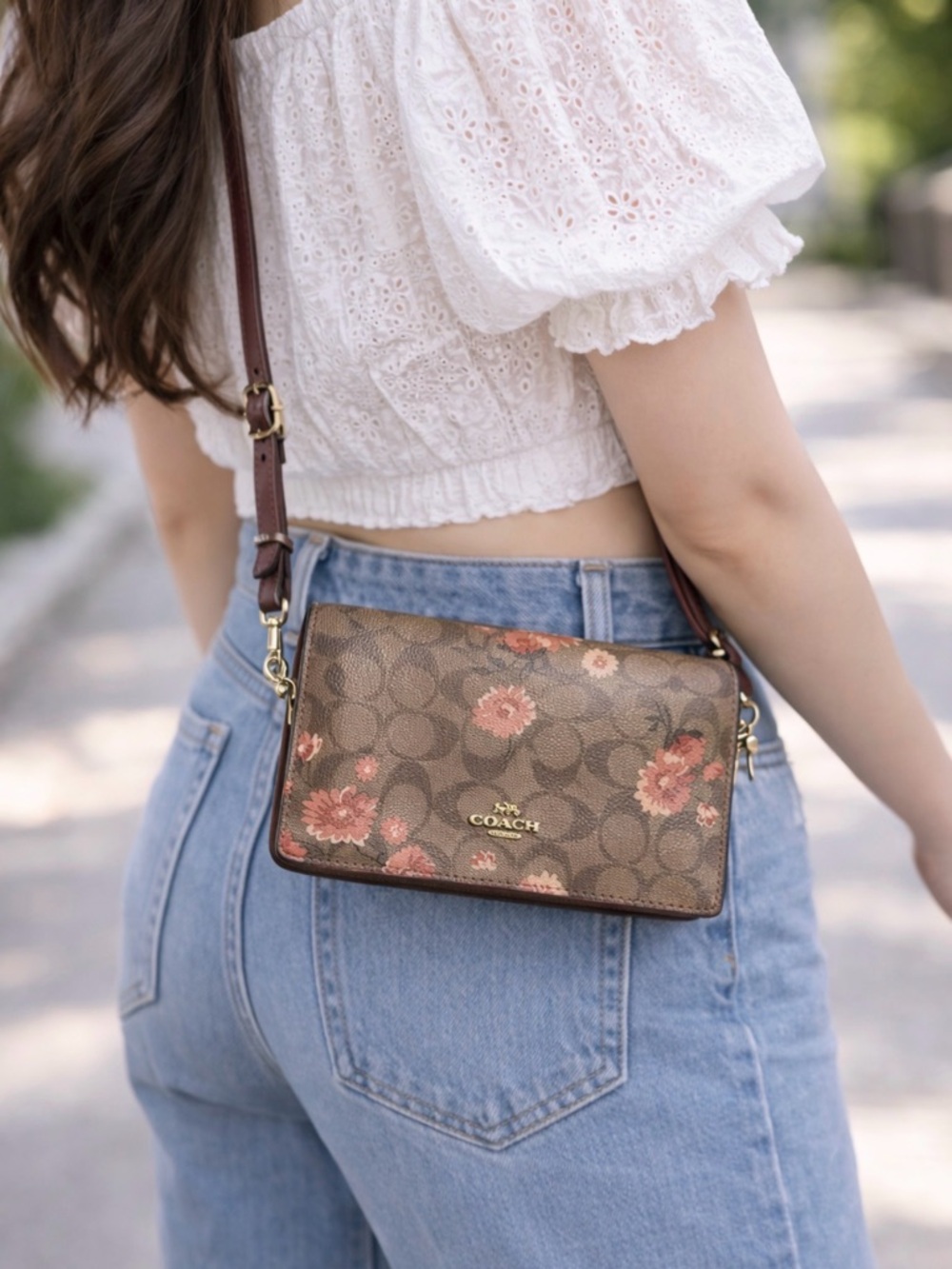 Coach Floral Signature Crossbody in Brown with Burgundy Strap and Pink Flowers